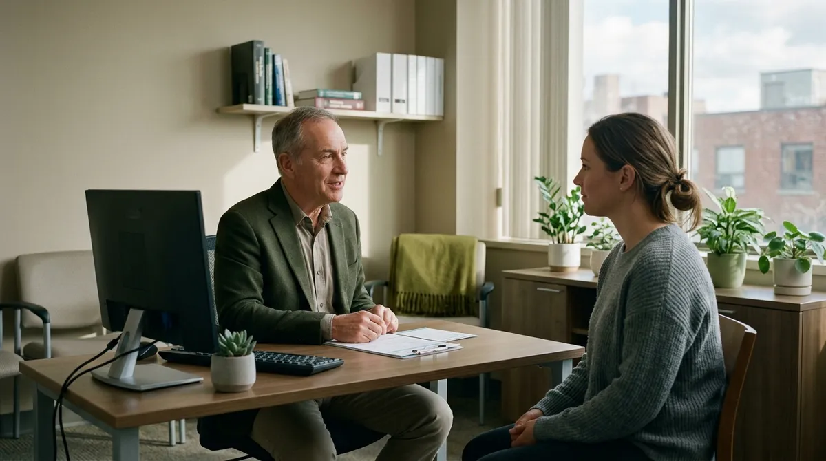 Allergologue en consultation avec un patient adulte dans son cabinet